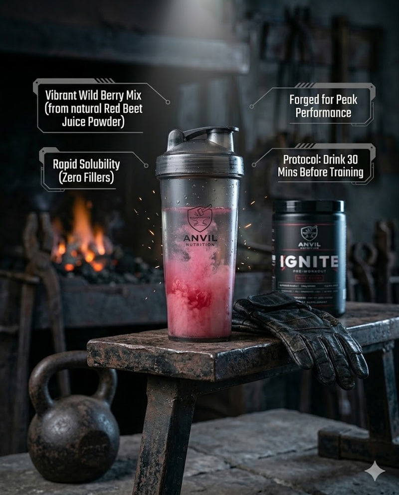 IGNITE Pre-Workout mixed in shaker bottle with kettlebell and training gloves in forge setting