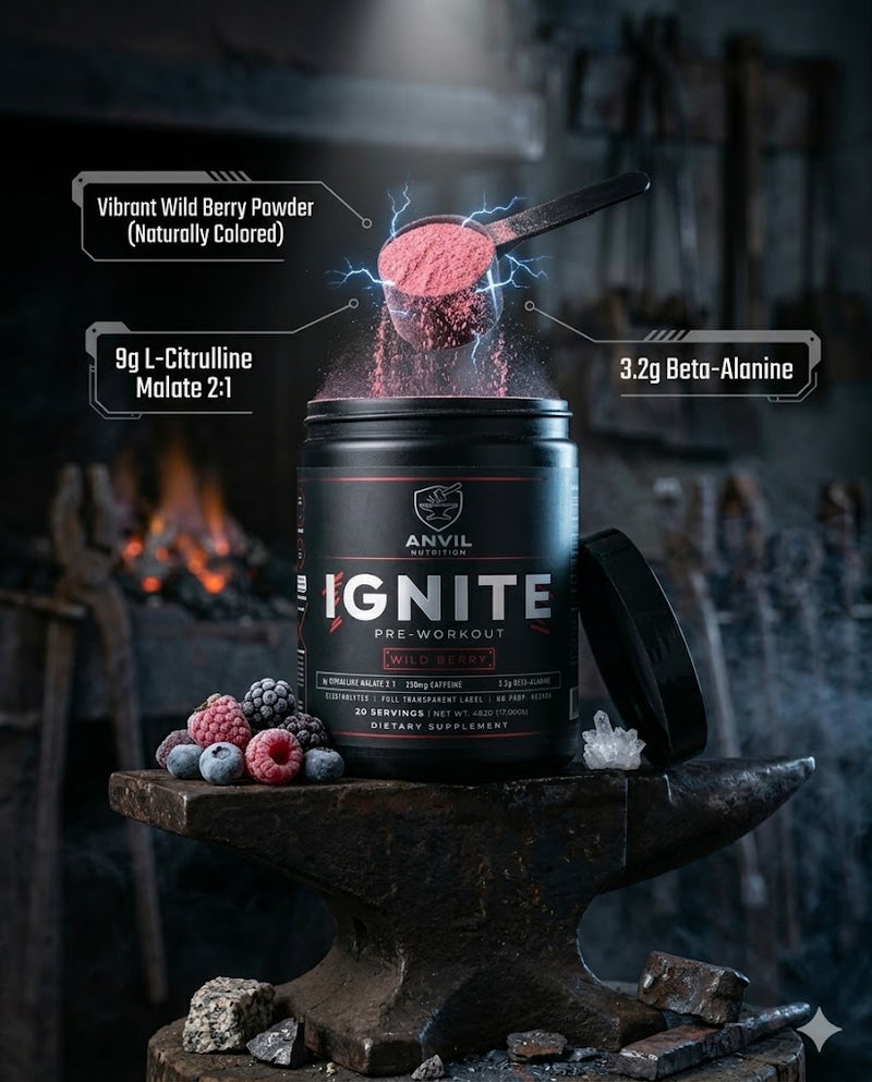 IGNITE Pre-Workout open container with scoop of Wild Berry powder, showing naturally colored formula with 9g Citrulline Malate and 3.2g Beta-Alanine