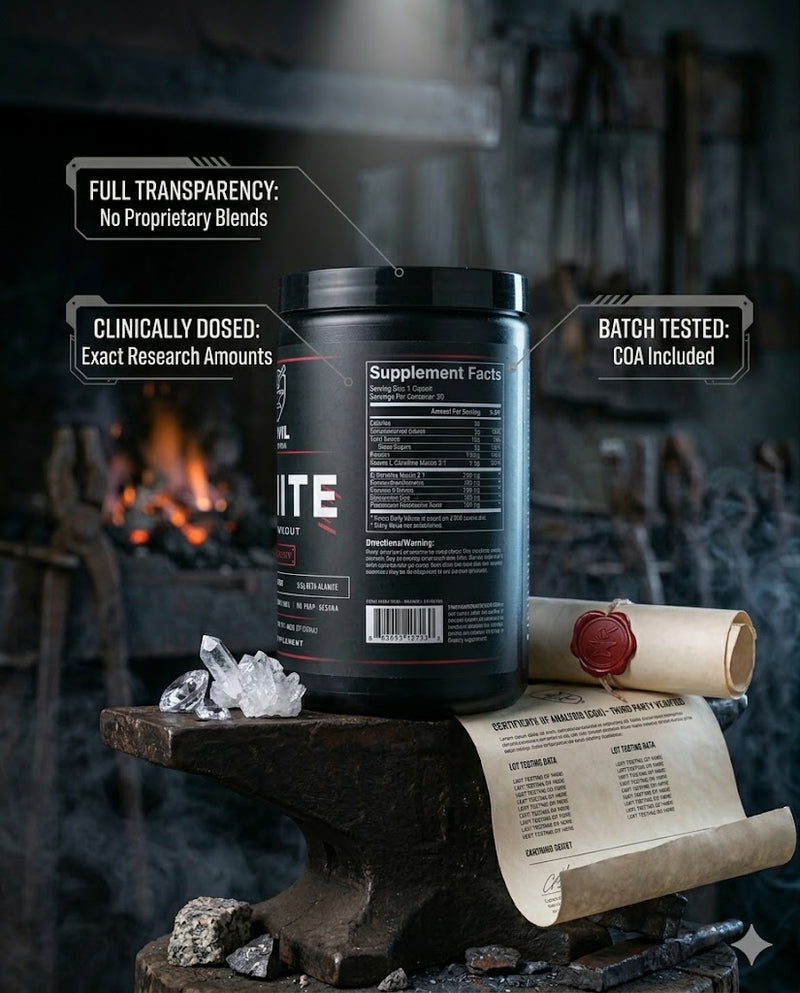 IGNITE Pre-Workout back label showing full supplement facts panel, with third-party Certificate of Analysis